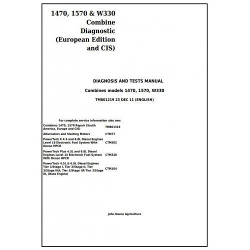 TM801219 John Deere 1470, 1570, W330 Combines Pdf Diagnosis and Tests Service Manual