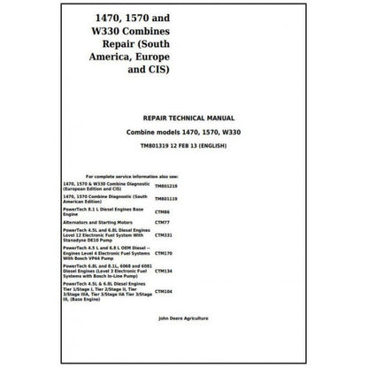 TM801319 John Deere 1470, 1570, W330 Combines Pdf Technical Service Manual