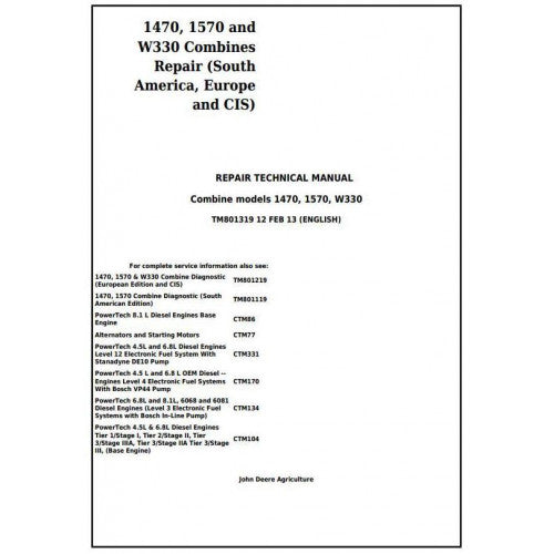 TM801319 John Deere 1470, 1570, W330 Combines Pdf Technical Service Manual