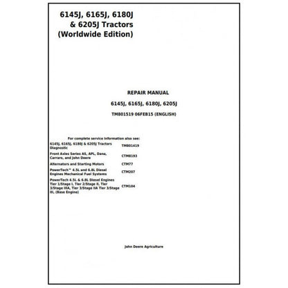 TM801519 John Deere 6145J, 6165J, 6180J & 6205J Tractor Pdf Repair Service Technical Manual