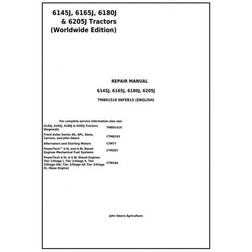 TM801519 John Deere 6145J, 6165J, 6180J & 6205J Tractor Pdf Repair Service Technical Manual