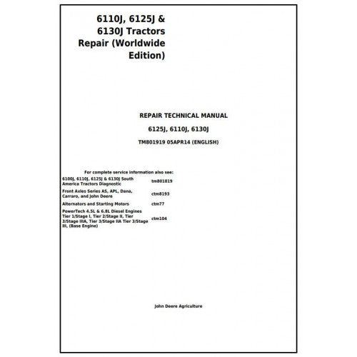 TM801919 John Deere 6110J, 6125J, 6130J Tractor Pdf Repair Service Technical Manual