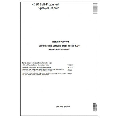 TM802519 John Deere 4730 Self-Propelled Sprayers (PIN Prefix 1NW) Pdf Technical Service Manual