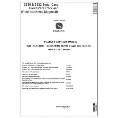 TM802619 John Deere 3520, 3522 Track & Wheel Sugar Cane Harvesters Pdf Diagnosis and Tests Service Manual