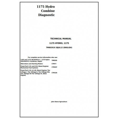 TM802919 John Deere 1175, 1175 Hydro Combine Pdf Technical Service Manual
