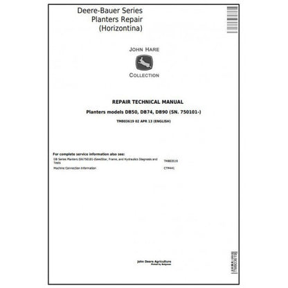 TM803619 John Deere / Bauer DB50, DB74, DB90 Planters Pdf Technical Service Manual