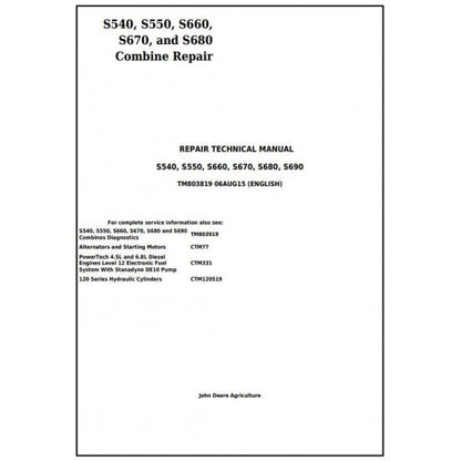 TM803819 John Deere S540, S550, S660, S670, S680, S690 Combines Pdf Repair Service Technical Manual