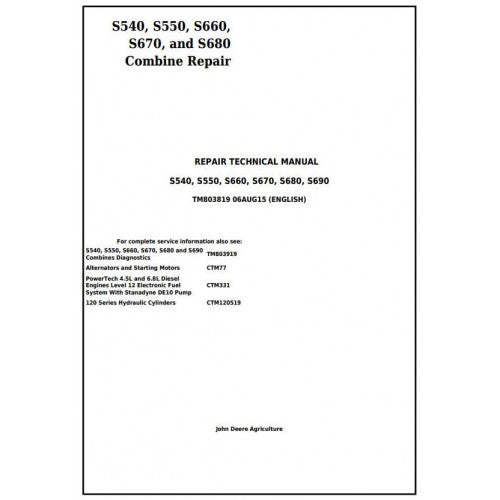 TM803819 John Deere S540, S550, S660, S670, S680, S690 Combines Pdf Repair Service Technical Manual