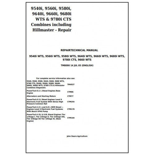 TM8090 John Deere 9660, 9540i, 9560i, 9580i, 9640i, 9660i, 9680i WTS, 9780i CTS Combines Pdf Technical Service Manual
