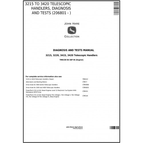 TM8108 John Deere 3215, 3220, 3415, 3420 Telescopic Handlers Pdf Diagnostic, Operation and Test Service Manual