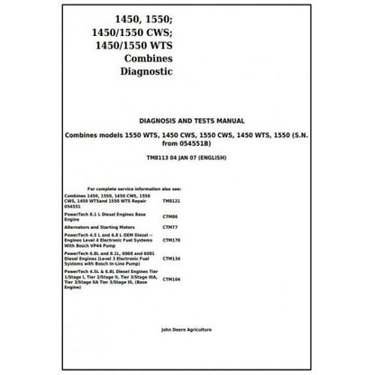 TM8113 John Deere 1450, 1550 Combines Pdf Diagnosis and Tests Service Manual