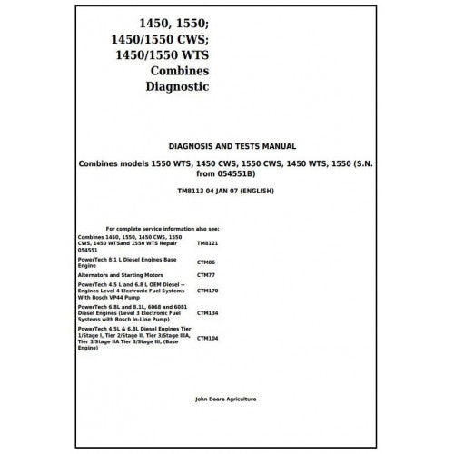 TM8113 John Deere 1450, 1550 Combines Pdf Diagnosis and Tests Service Manual