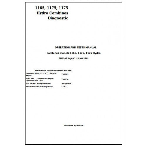 TM8202 John Deere 1165, 1175, 1175 Hydro Combines Pdf Operation and Tests Manual