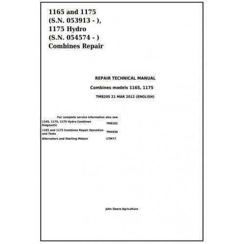 TM8205 John Deere 1165, 1175, 1175 Hydro Combines Pdf Technical Service Manual