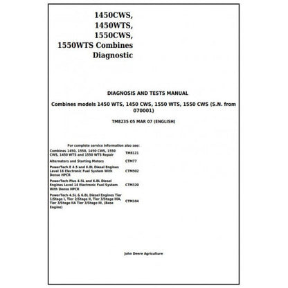 TM8235 John Deere 1450CWS, 1450WTS, 1550CWS, 1550WTS Combines Pdf Diagnostic, Operation and Test Service Manual