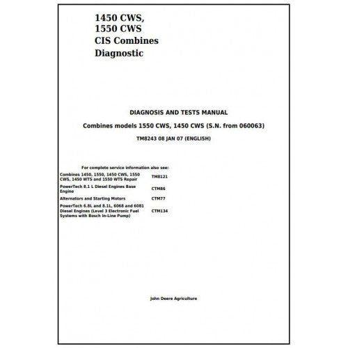 TM8243 John Deere 1550CWS CIS Combines Pdf Diagnosis and Tests Service Manual