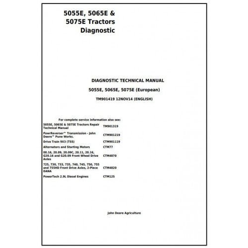TM901419 John Deere 5055E, 5065E & 5075E Tractor Pdf Diagnostic Technical Manual