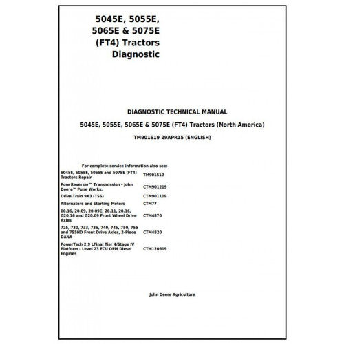 TM901619 John Deere 5045E, 5055E, 5065E & 5075E Tractor Pdf Diagnostic Technical Manual
