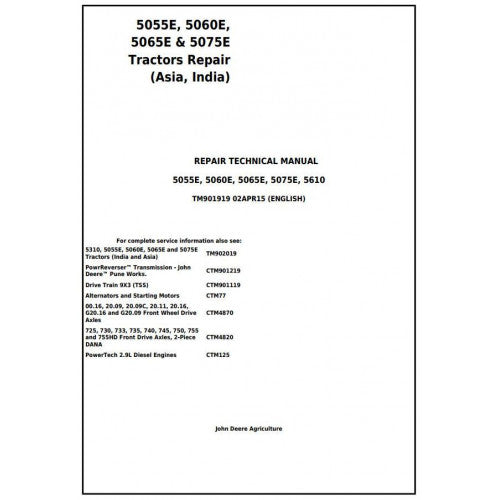TM901919 John Deere 5055E, 5060E, 5065E & 5075E Tractor Pdf Repair Technical Manual