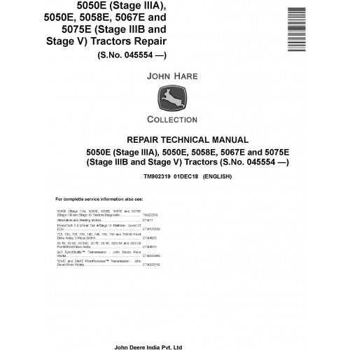 TM902319 John Deere 5050E, 5058E, 5067E, 5075E Tractor Pdf Repair Technical Manual