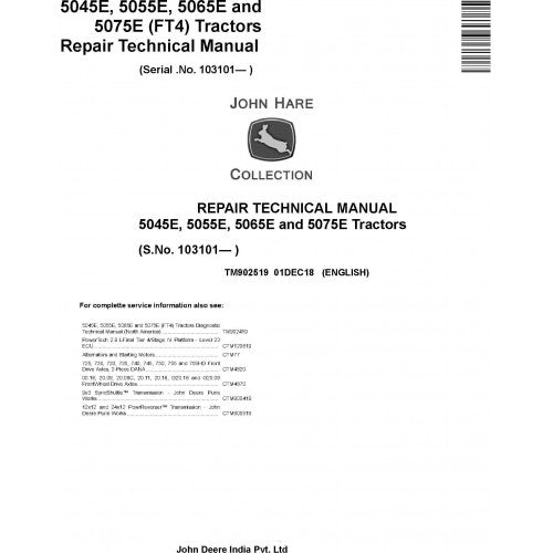 TM902519 John Deere 5045E, 5055E, 5065E, 5075E Tractor Pdf Repair Technical Manual